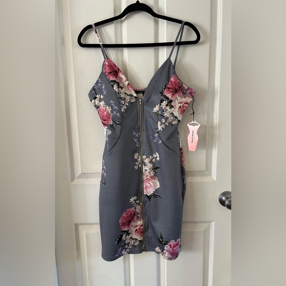 NWT Haute Monde Gray & Pink Floral full zip up mini dress, Bodycon Large 8-10 - Picture 4 of 15